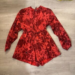 Anthro XS Red floral print long sleeve backless romper 100% cotton